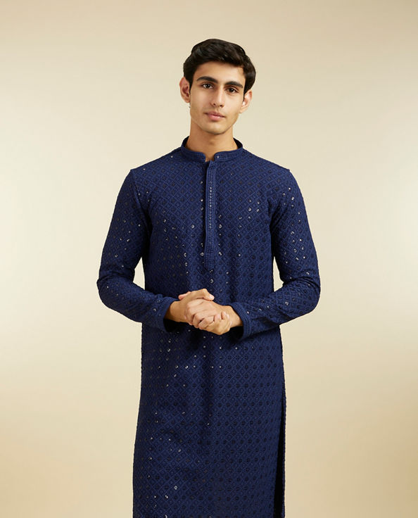 alt message - Diwas Men Navy Blue Chikankari Kurta with Sequin image number 0