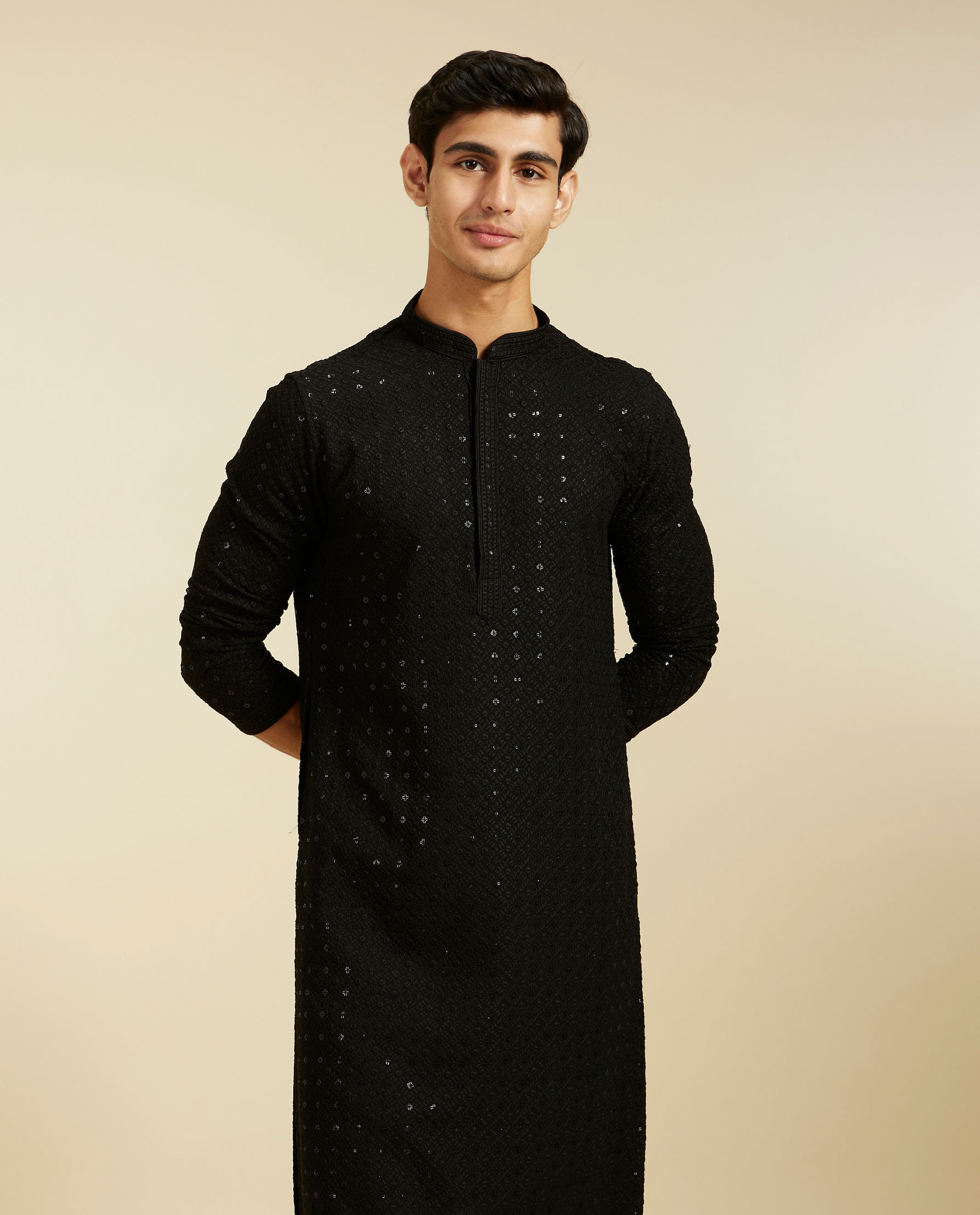 alt message - Diwas Men Midnight Black Chikankari Kurta with Sequin image number 0