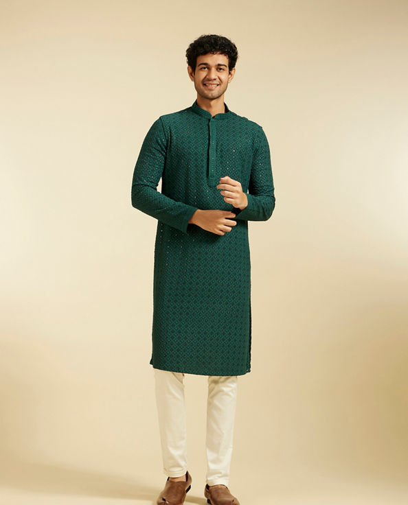 alt message - Diwas Men Bottle Green Chikankari Kurta with Sequin image number 2