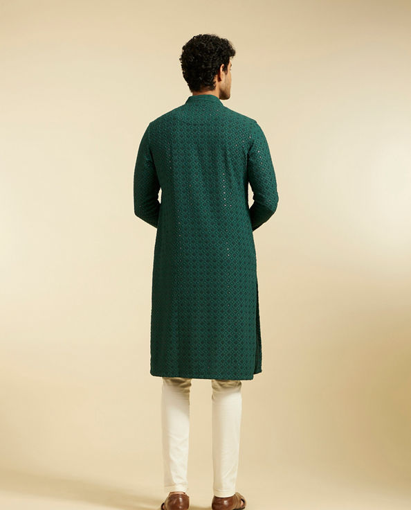 alt message - Diwas Men Bottle Green Chikankari Kurta with Sequin image number 4