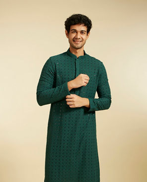 Diwas Men Bottle Green Chikankari Kurta with Sequin