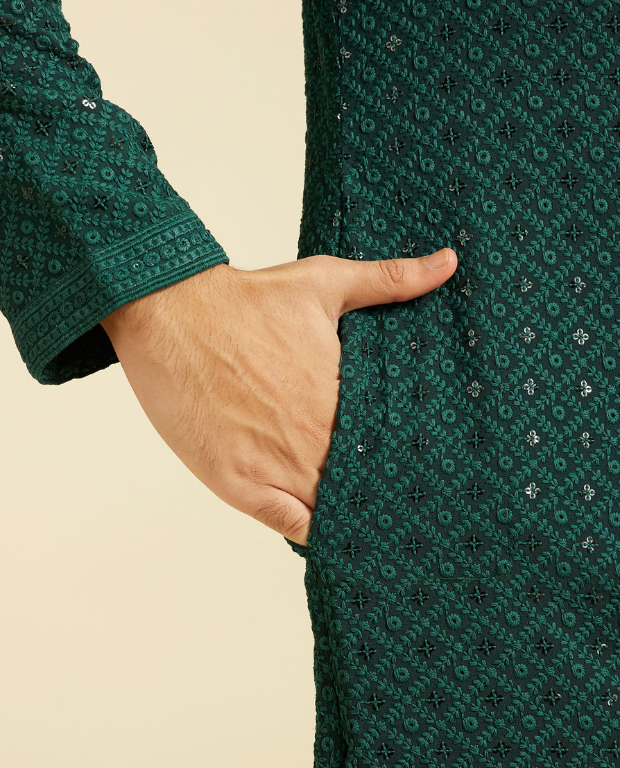 Diwas Men Bottle Green Chikankari Kurta with Sequin