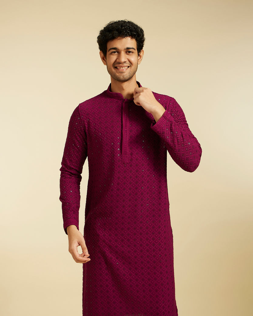 alt message - Diwas Men Wine Red Chikankari Kurta with Sequin image number 0