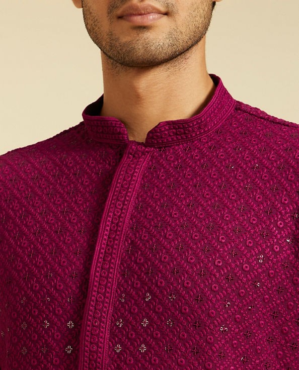 alt message - Diwas Men Wine Red Chikankari Kurta with Sequin image number 1