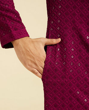 Diwas Men Wine Red Chikankari Kurta with Sequin