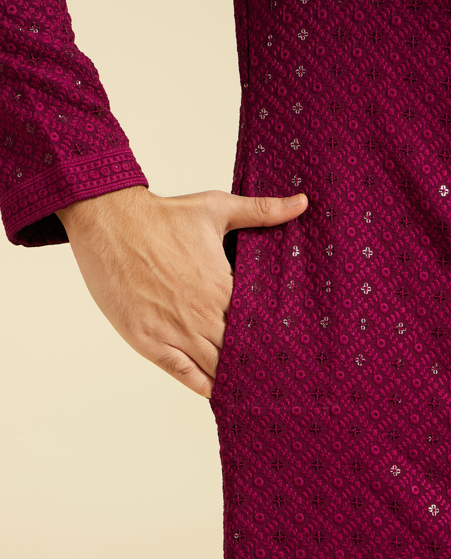 Diwas Men Wine Red Chikankari Kurta with Sequin