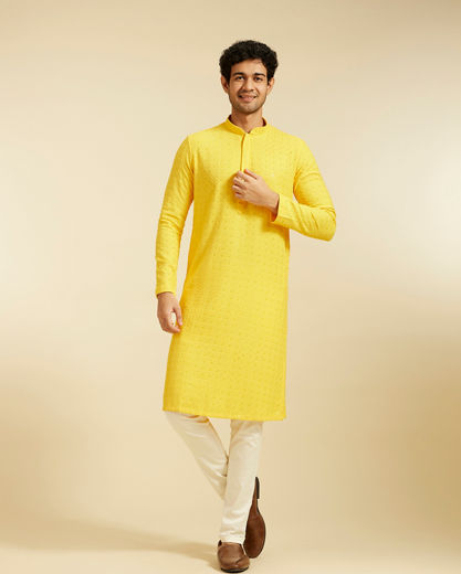 Diwas Men Sunshine Yellow Chikankari Kurta with Sequin