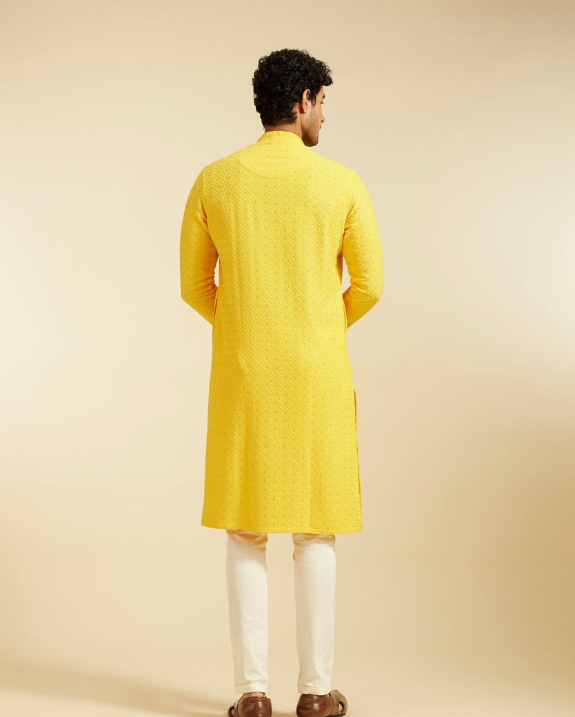 alt message - Diwas Men Sunshine Yellow Chikankari Kurta with Sequin image number 4