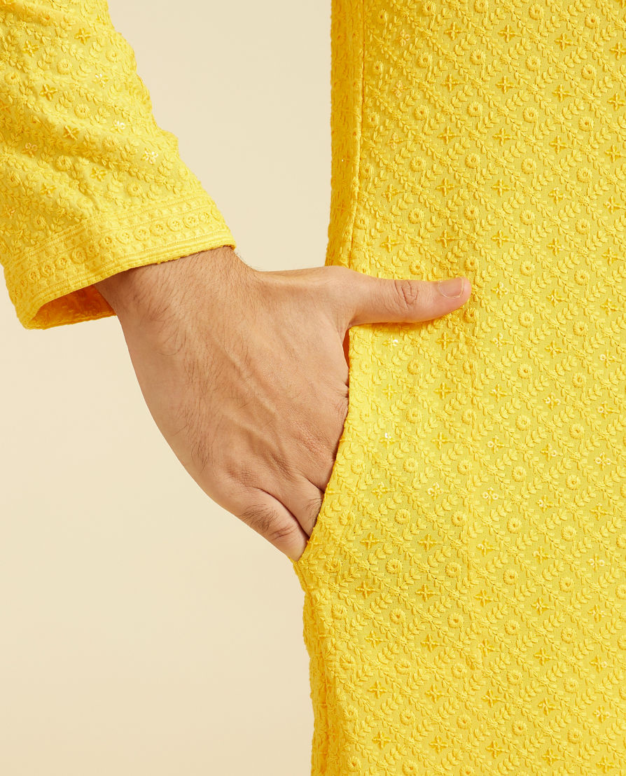 Diwas Men Sunshine Yellow Chikankari Kurta with Sequin