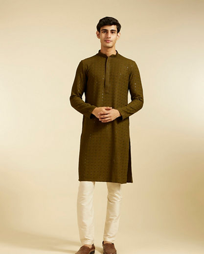 Diwas Men Olive Green Chikankari Kurta with Sequin