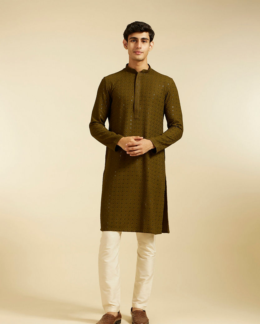 alt message - Diwas Men Olive Green Chikankari Kurta with Sequin image number 2