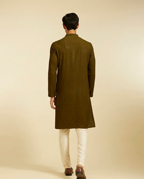 Diwas Men Olive Green Chikankari Kurta with Sequin