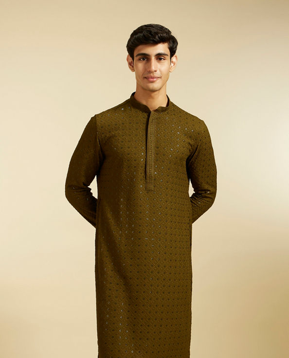 alt message - Diwas Men Olive Green Chikankari Kurta with Sequin image number 0