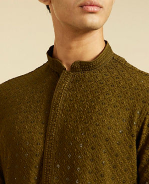 Diwas Men Olive Green Chikankari Kurta with Sequin