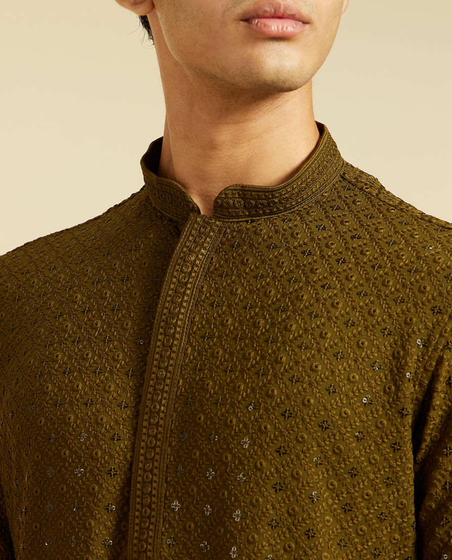 Diwas Men Olive Green Chikankari Kurta with Sequin