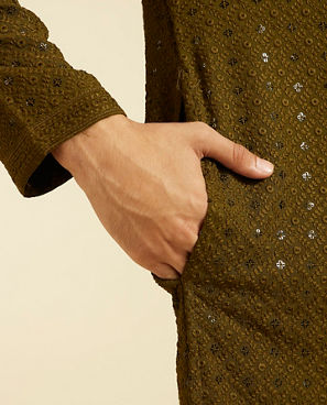 Diwas Men Olive Green Chikankari Kurta with Sequin