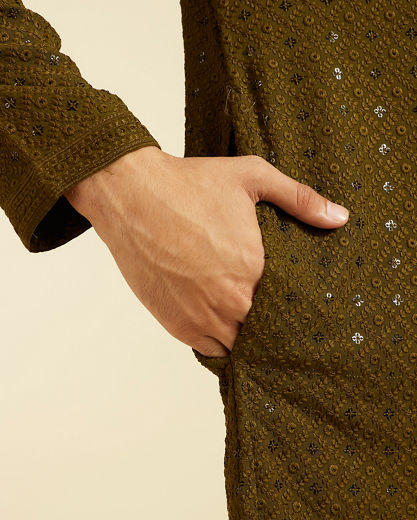 Diwas Men Olive Green Chikankari Kurta with Sequin
