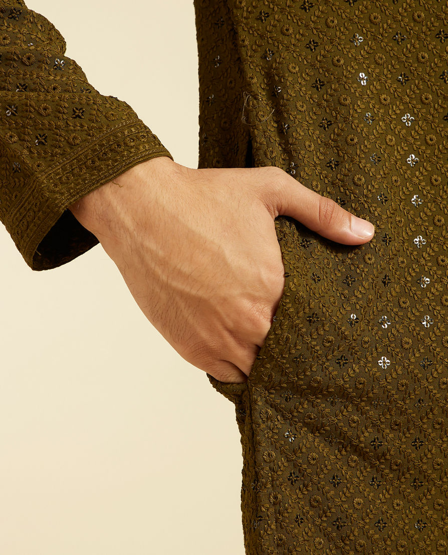 Diwas Men Olive Green Chikankari Kurta with Sequin