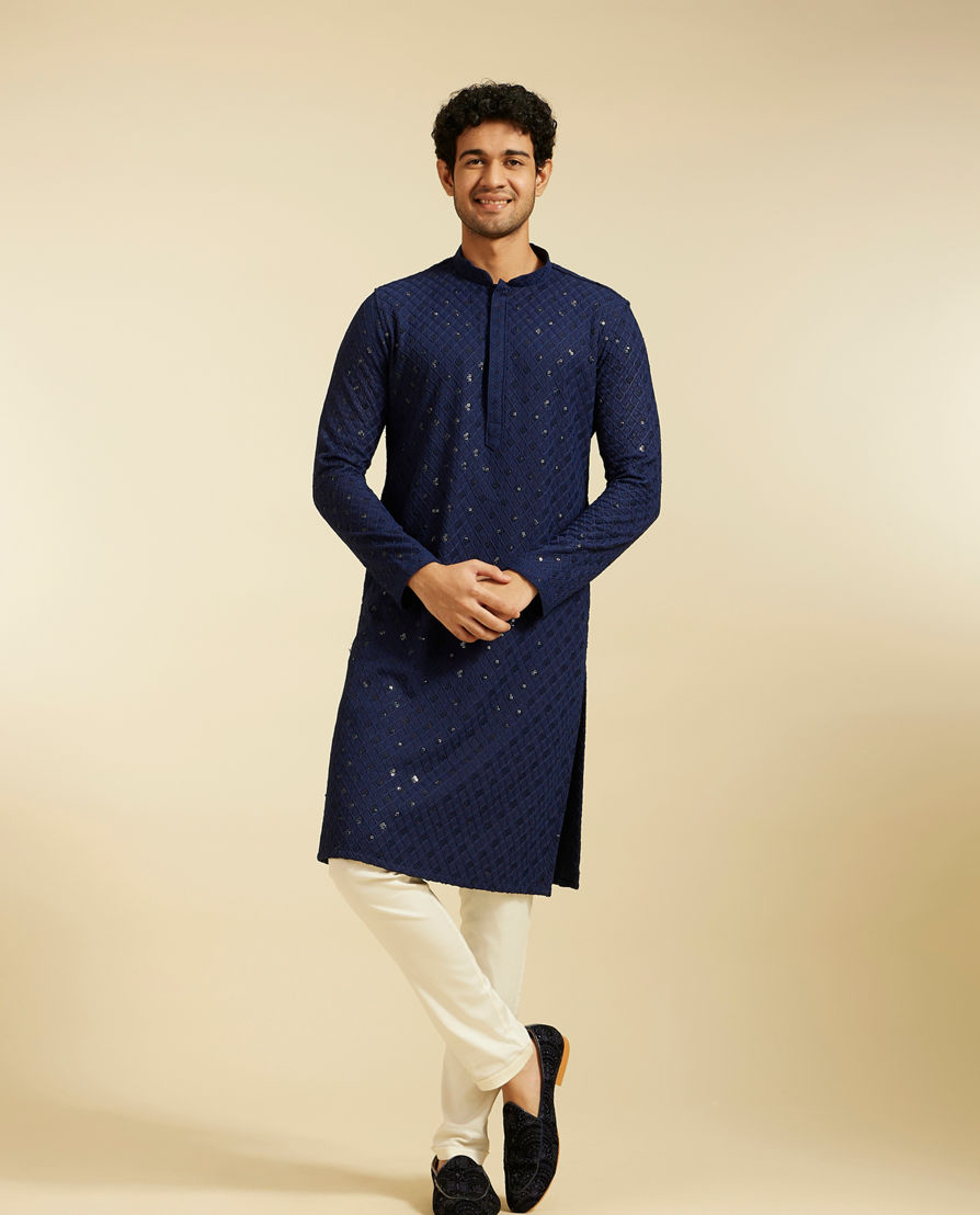 Diwas Men Navy Blue Chikankari Kurta With Sequins