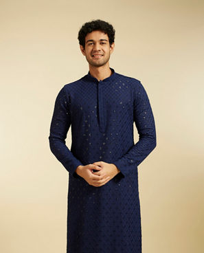Diwas Men Navy Blue Chikankari Kurta With Sequins