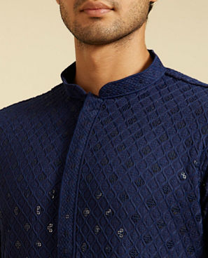 Diwas Men Navy Blue Chikankari Kurta With Sequins