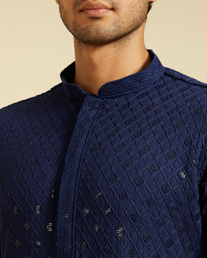 Diwas Men Navy Blue Chikankari Kurta With Sequins