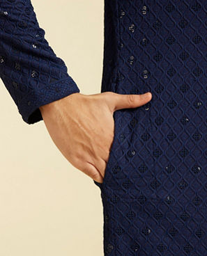 Diwas Men Navy Blue Chikankari Kurta With Sequins