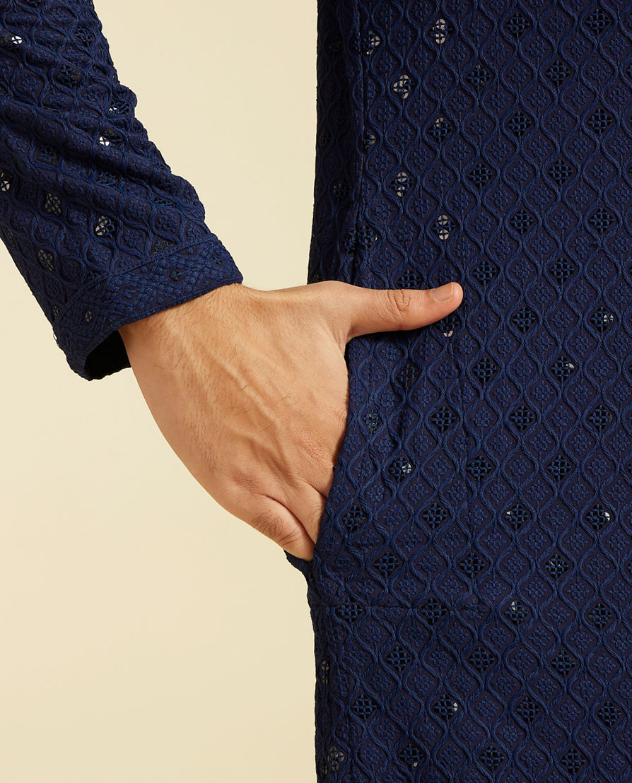 Diwas Men Navy Blue Chikankari Kurta With Sequins
