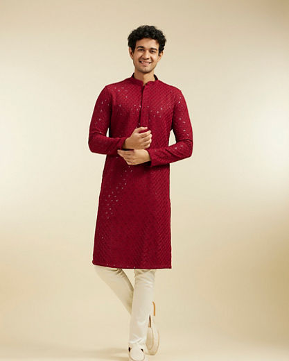 Diwas Men Maroon Red Chikankari Kurta With Sequins