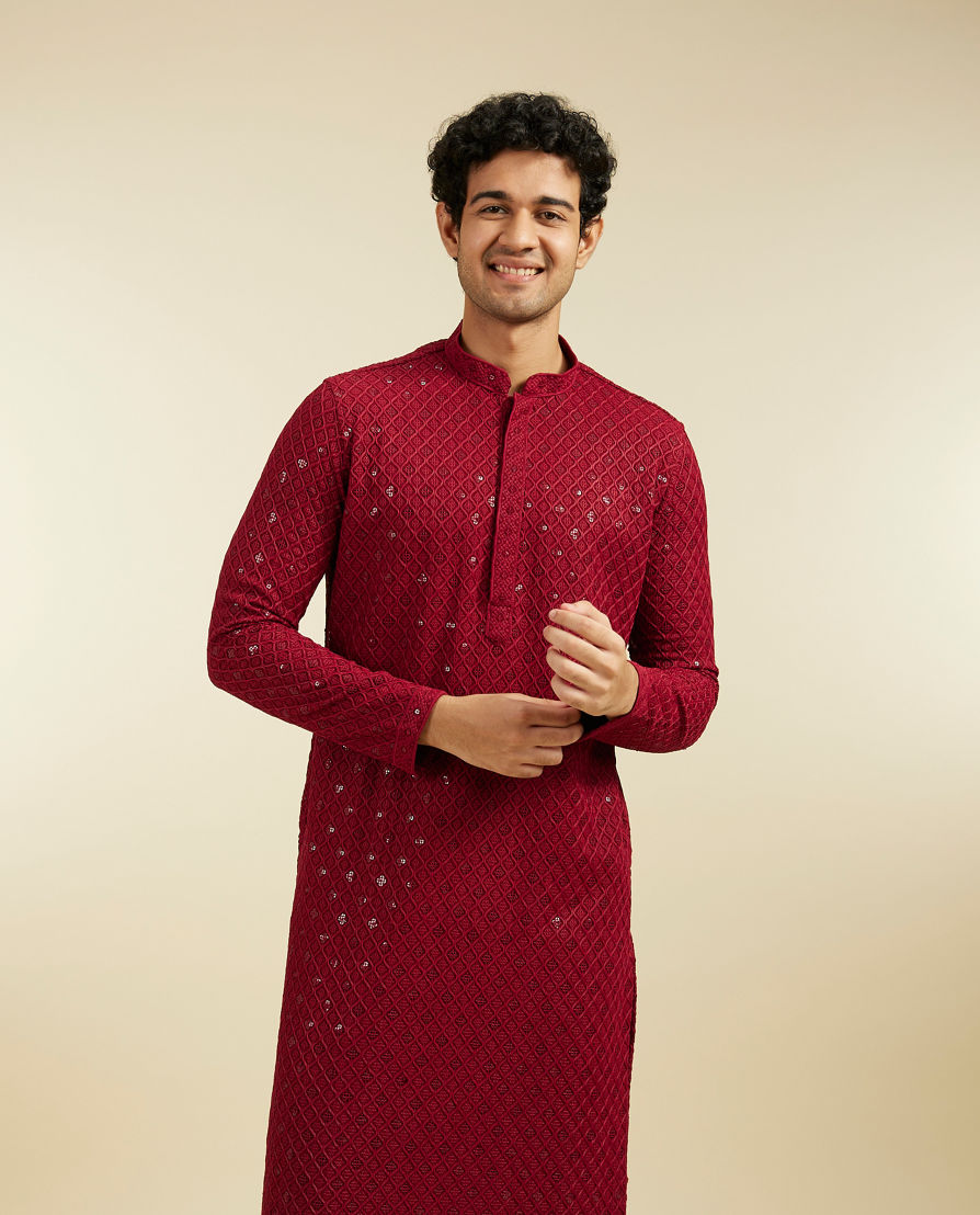 Diwas Men Maroon Red Chikankari Kurta With Sequins