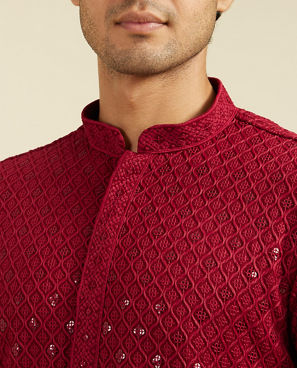 Diwas Men Maroon Red Chikankari Kurta With Sequins