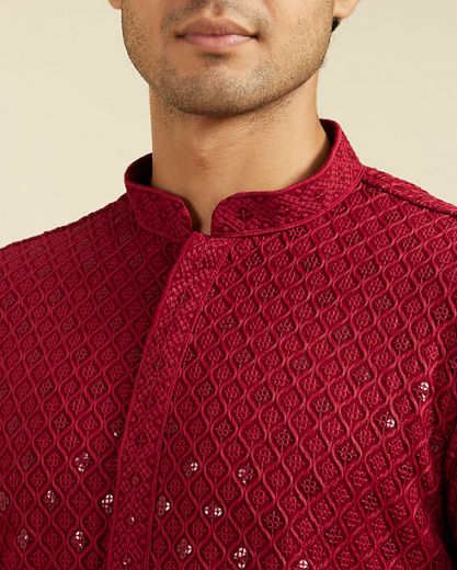 Diwas Men Maroon Red Chikankari Kurta With Sequins