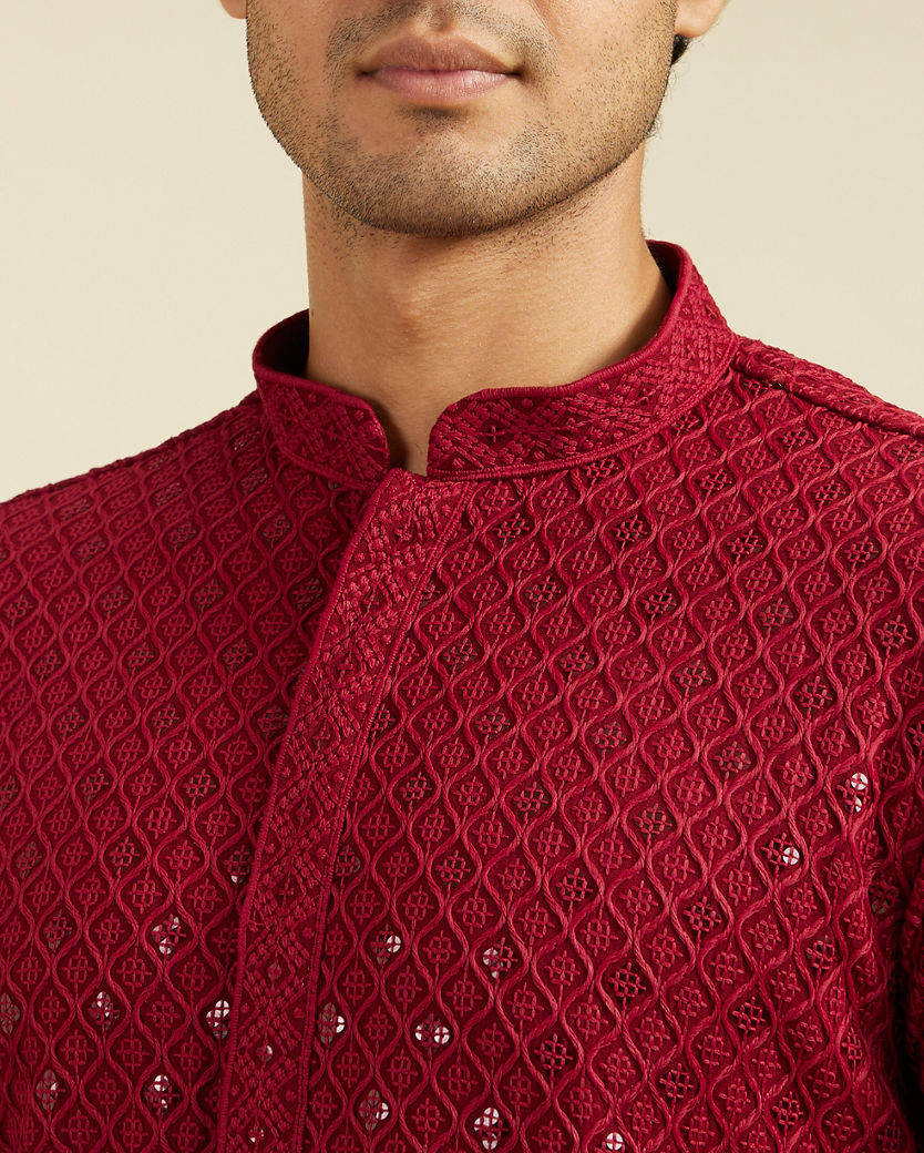Diwas Men Maroon Red Chikankari Kurta With Sequins