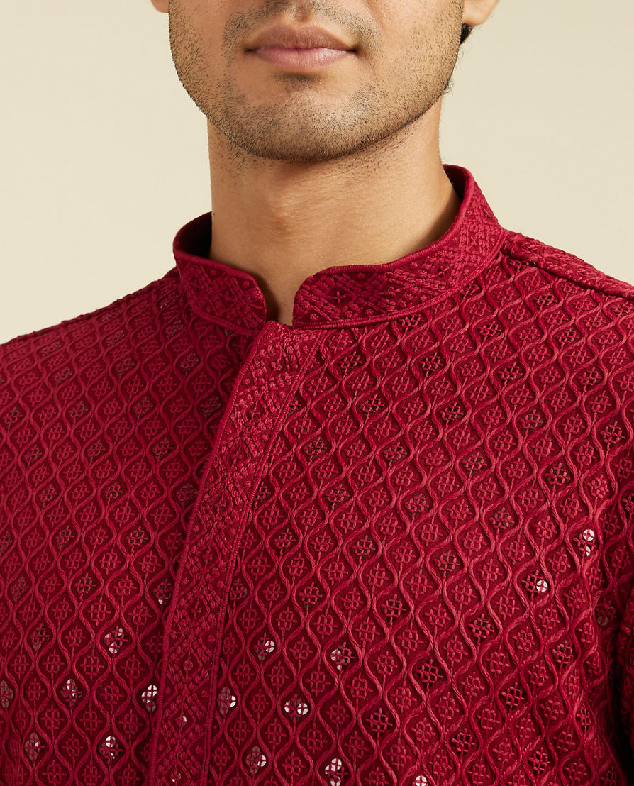 Diwas Men Maroon Red Chikankari Kurta With Sequins