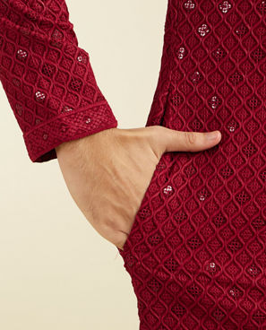 Diwas Men Maroon Red Chikankari Kurta With Sequins
