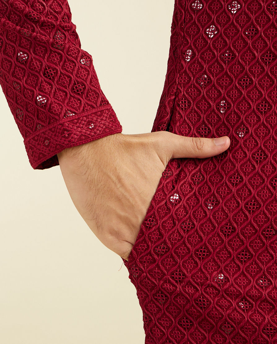 Diwas Men Maroon Red Chikankari Kurta With Sequins