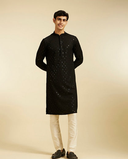 Diwas Men Midnight Black Chikankari Kurta With Sequins