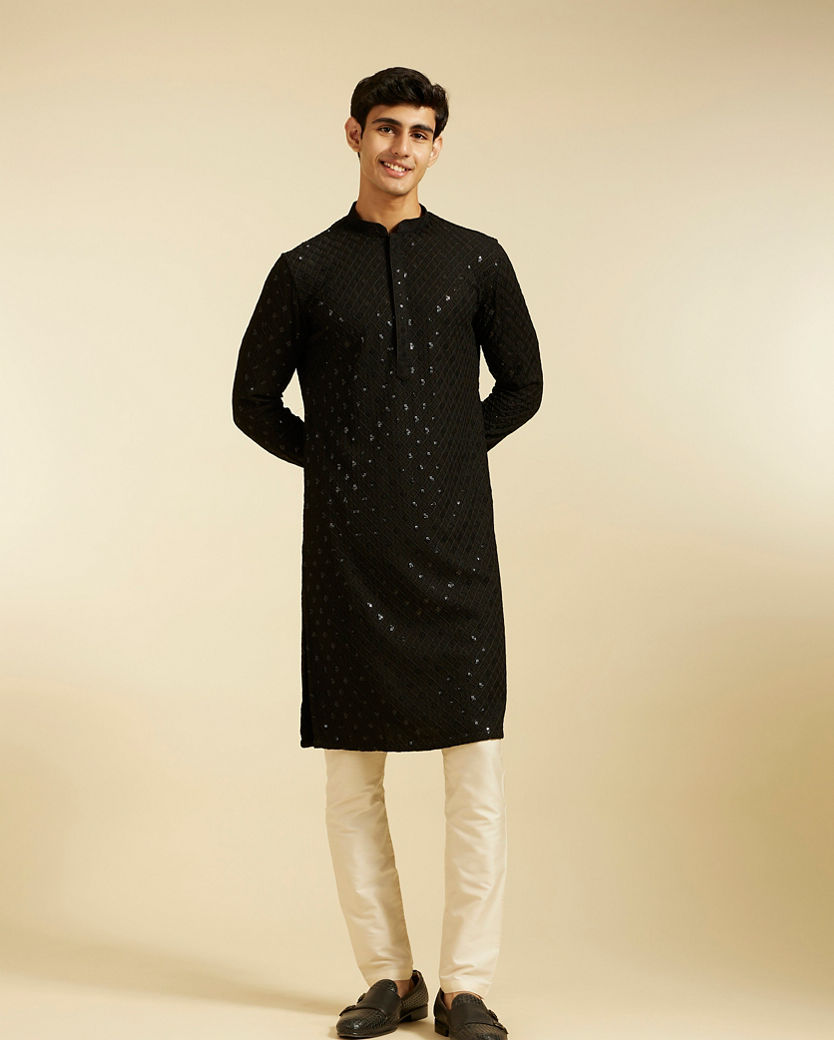 alt message - Diwas Men Midnight Black Chikankari Kurta With Sequins image number 2