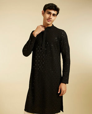 Diwas Men Midnight Black Chikankari Kurta With Sequins
