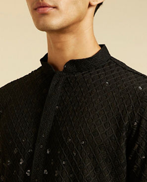 Diwas Men Midnight Black Chikankari Kurta With Sequins