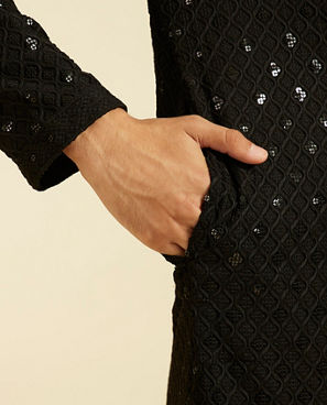 Diwas Men Midnight Black Chikankari Kurta With Sequins