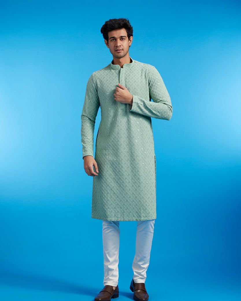 alt message - Diwas Men Soft Green Chikankari Kurta With Sequins image number 2