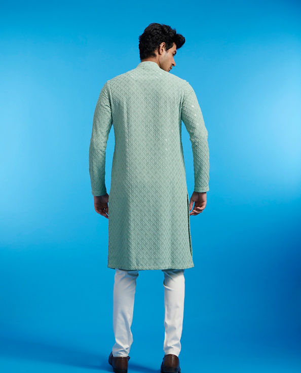 alt message - Diwas Men Soft Green Chikankari Kurta With Sequins image number 4