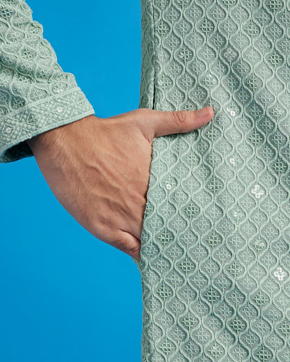 Diwas Men Soft Green Chikankari Kurta With Sequins
