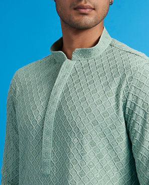 Diwas Men Soft Green Chikankari Kurta With Sequins