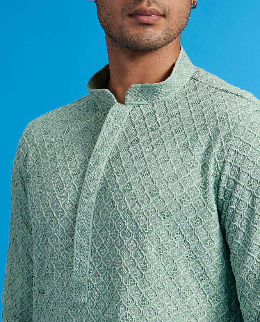 Diwas Men Soft Green Chikankari Kurta With Sequins