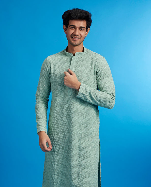 alt message - Diwas Men Soft Green Chikankari Kurta With Sequins image number 0