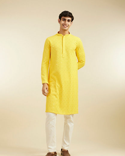 Diwas Men Sunshine Yellow Chikankari Kurta With Sequins
