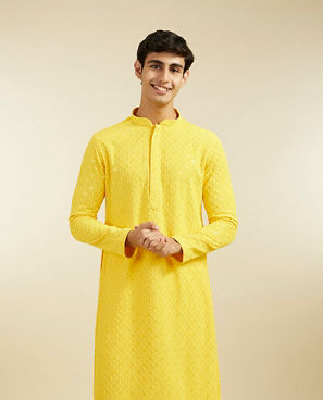 Diwas Men Sunshine Yellow Chikankari Kurta With Sequins