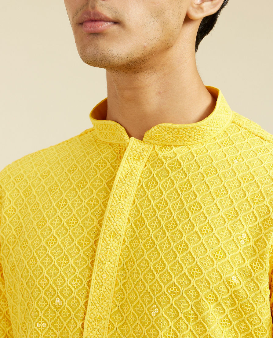 Diwas Men Sunshine Yellow Chikankari Kurta With Sequins